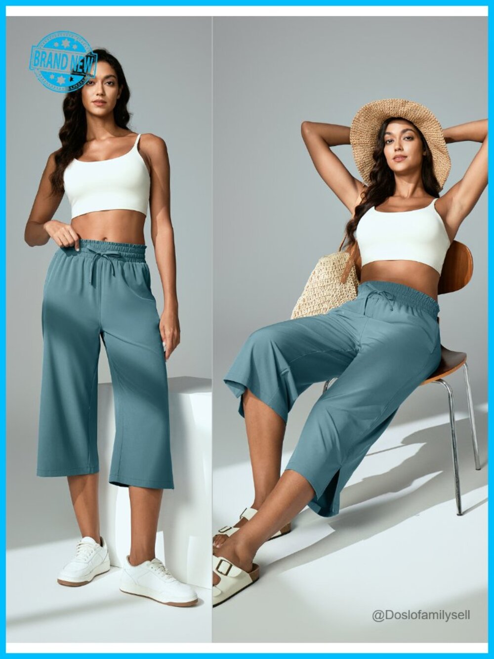 Wide Leg Capri Pants Quick Dry Drawstring High Waisted Gaucho Casual - Picture 6 of 6